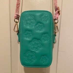 Skinny Dip London Green Small Phone Crossbody Bag Floral with Pink Strap NWOT